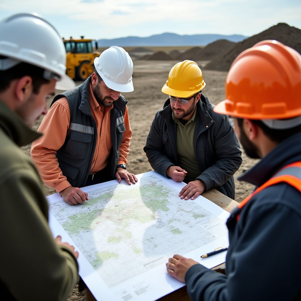 Equipo de ingenieros revisando planos en un campo petrolero